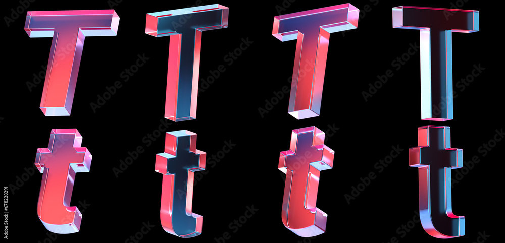 Poster letter t with colorful gradient and glass material. 3d rendering illustration for graphic design, pr