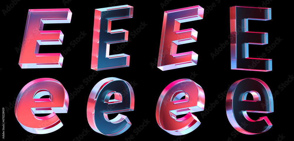 Poster letter e with colorful gradient and glass material. 3d rendering illustration for graphic design, pr