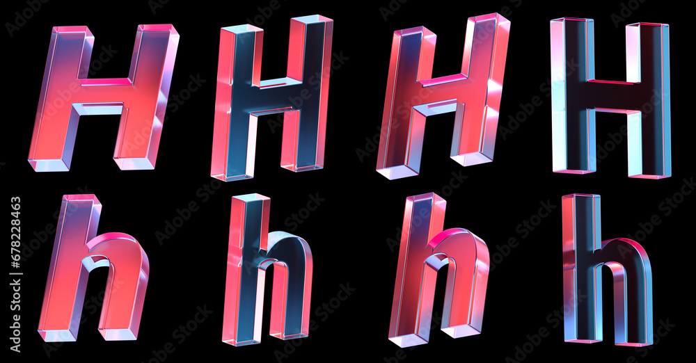 Poster letter h with colorful gradient and glass material. 3d rendering illustration for graphic design, pr