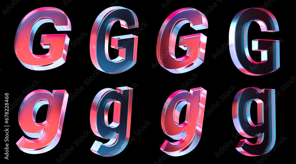 Poster letter g with colorful gradient and glass material. 3d rendering illustration for graphic design, pr