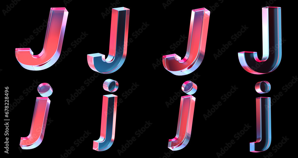 Poster letter j with colorful gradient and glass material. 3d rendering illustration for graphic design, pr