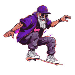 Fototapeta premium Happy senior man grandfather riding a skateboard. Old modern grandfather enjoy active sport. Healthy lifestyle. National Grandparent Day