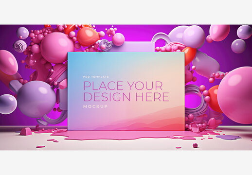 Colorful Frame Mockup Template with Purple and Pink Background, Floating Balloons, and Design Sign - Perfect for Stock Photos Frame Mockup Template Colorful