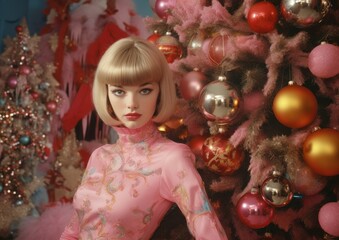 Chic woman in a pink chinese-style dress standing near a pink and gold decorated christmas tree