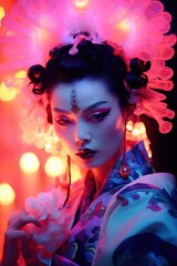 Asian model in traditional attire with modern neon light effects, blending past with future