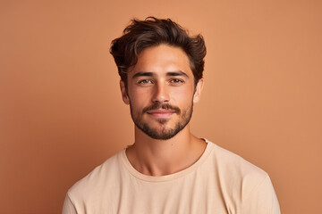 Fototapeta premium Generative AI portrait of a very handsome brown hair man isolated on beige background