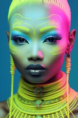 Vibrant neon makeup on an african woman with futuristic styling and intense gaze