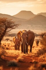 Elephant family journeying through the dusty savannah with a stunning sunset backdrop, displaying wildlife beauty