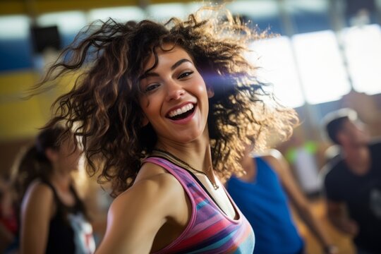 focused girl in her 20s dancing in a zumba class