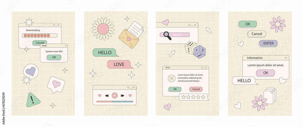 Fototapete retro cartoon banner set geometric frames in 90s memphis style user interface elements icons browser
