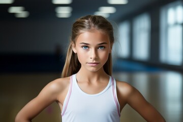 Headshot portrait photography of a serious kid female doing rhythmic gymnastics in an empty room. With generative AI technology