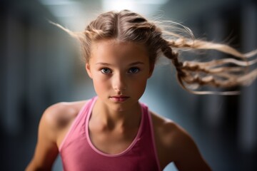 Headshot portrait photography of a serious kid female doing rhythmic gymnastics in an empty room. With generative AI technology