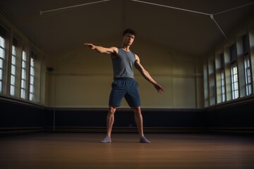 Sports portrait photography of an active boy in his 20s doing rhythmic gymnastics in an empty room. With generative AI technology