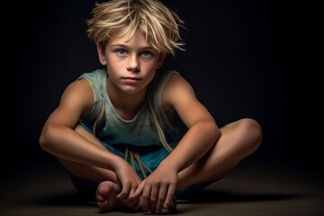 Three-quarter studio portrait photography of an exhausted kid male doing rhythmic gymnastics in a studio. With generative AI technology