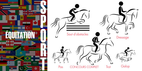 Ensemble de pictogrammes représentant les 3 disciplines sportives réalisées avec un cheval - Texte sur un fond de drapeaux mondiaux, Traduction : sport, équitation.