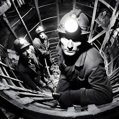 a vintage image of miners going down into the mine. Generative AI