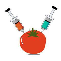 Chemical additives in food or genetically modified fruit concept. Tomato with syringes of chemicals.