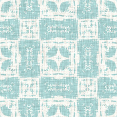 Teal aqua white vibrant watercolor batik azulejos tile background. Seamless coastal blur linen effect geometric mosaic effect.Boho Patchwork nautical masculine all over summer fashion repeat.