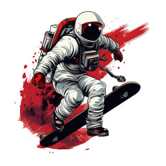 Astronaut rides on skateboard through the space. jump on space, playing skateboard Vintage logo badge