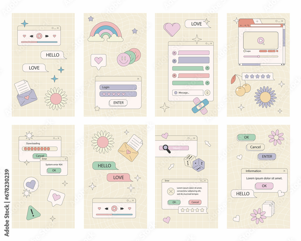 Fototapete retro cartoon banner set geometric frames in 90s memphis style user interface elements icons browser