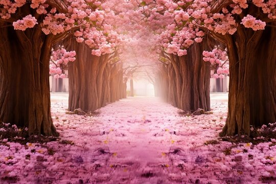 The romantic tunnel of pink flower trees. generative ai.