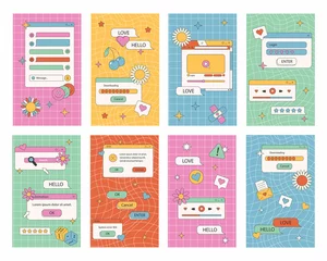 Deurstickers Social media post in old school nostalgic design. Retro 80s 90s aesthetic backdrops, vintage backgrounds with old computer user interface. Set of square poster templates in vaporwave Y2K style. © Lapalovee