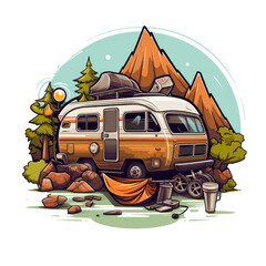 camper van car logo design with emblem style. Travel van, palms and text Holiday. Hippie style minivan for travel
