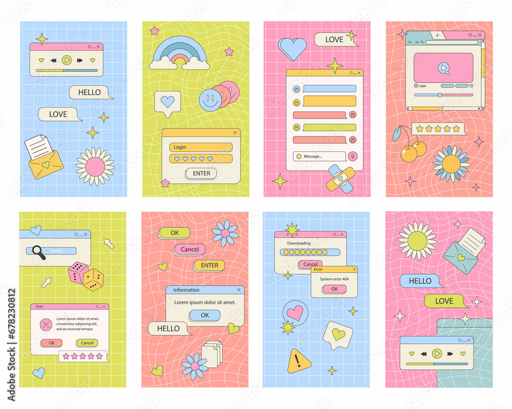 Poster stories or post template, retro browser computer window in 90s vaporwave with geek stickers. y2k aes