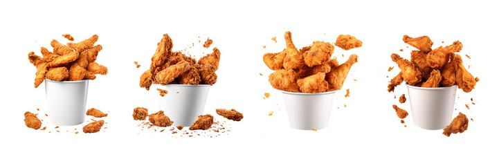 Set of Fried chicken flying on paper bucket isolated on transparent or white background - obrazy, fototapety, plakaty