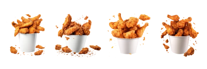 Poster Set of Fried chicken flying on paper bucket isolated on transparent or white background © MaxSimplify