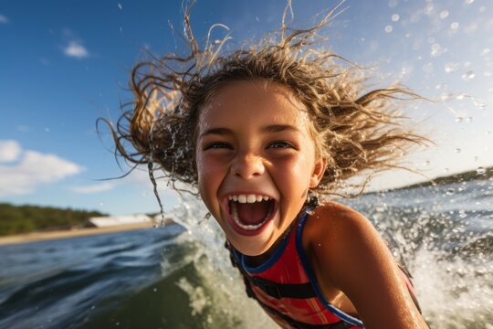 energetic kid female doing water skiing in the sea