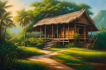 Art painting in oil colors capturing the rustic charm of a hut in the tranquil countryside of Thailand.