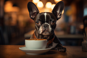 Generative AI portrait image of funny pet animal doggy kitty licking fresh milk in modern cafe - obrazy, fototapety, plakaty