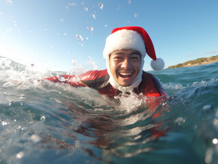 Swim in the sea wearing a Santa hat