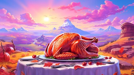 Chicken on a plate for Thanksgiving against the backdrop of mountain nature. Fantasy concept , Illustration painting.
