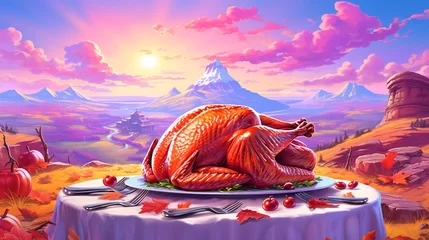 Papier Peint photo Montagnes Chicken on a plate for Thanksgiving against the backdrop of mountain nature. Fantasy concept , Illustration painting.