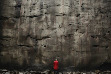 The photo vividly captures the essence of confronting insurmountable challenges, as a lone man stands resolute before an imposing, impenetrable wall or rock.