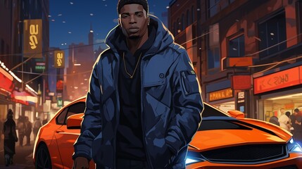 Black man in a jacket standing next to a sport car. Fantasy concept , Illustration painting.