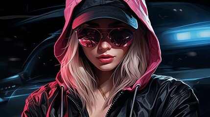 Beautiful blonde girl in glasses, cap and hood. Fantasy concept , Illustration painting. - obrazy, fototapety, plakaty