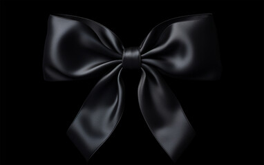 Shiny black satin ribbon bow on black background. black bow. Black bow and black ribbon. Christmas gift, valentines day, birthday wrapping element Copy space