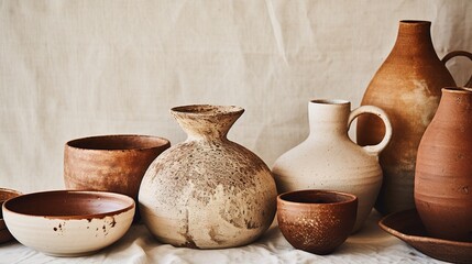 Generative AI, crafted pottery, still life of hand made pottery and ceramic bowls, hobby and leisure concept