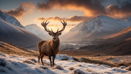 Composite image of red deer stag in Beautiful Alpen Glow hitting mountain peaks in Scottish Highlands during stunning Winter landscape sunrise. Ai Generative - obrazy, fototapety, plakaty