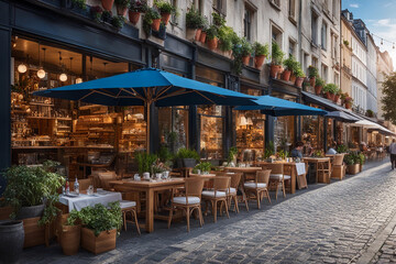 Al fresco dining at a row of cafes and restaurants with tables and chairs arranged and lined up neatly outside by the streets of an European city for diners to have their meal out in the open air. - obrazy, fototapety, plakaty