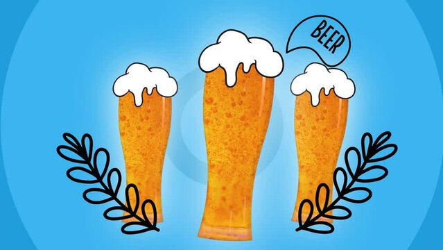Glass with lager foamy cool beer isolated on white background. Traditional taste. Creative design with doodles. Stop motion, animation. Concept of beer, brewery, Oktoberfest, taste, drink, creativity.