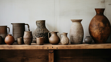 Generative AI, crafted pottery, still life of hand made pottery and ceramic bowls, hobby and leisure concept