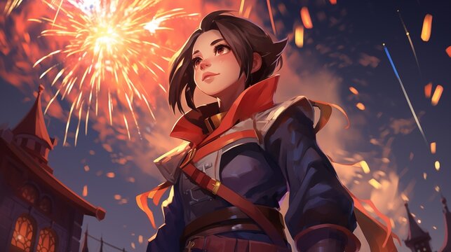 Anime girl on the background of fireworks in the night city. Fantasy concept , Illustration painting.