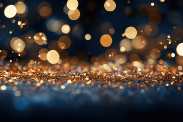 A navy blue backdrop shimmers with golden particles and bokeh lights, encapsulating the essence of...