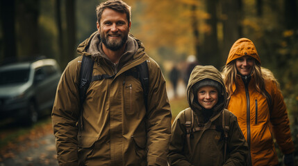 Obraz premium A family consisting of a father, mother and child who are hiking to learn about nature.