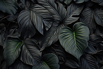 Abstract black leaves create a textural tropical leaf background in a flat lay format, capturing the essence of dark nature. Generative Ai.