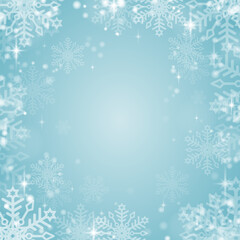 Naklejka na ściany i meble A magical Christmas background of snowflakes and sparkles. Falling snowflakes on a white-turquoise background. Vector illustration.